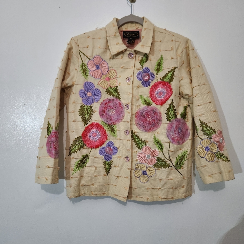 Alex Kim PM Petite Medium Yellow Floral Embroidery Embellished Top Gem Buttons